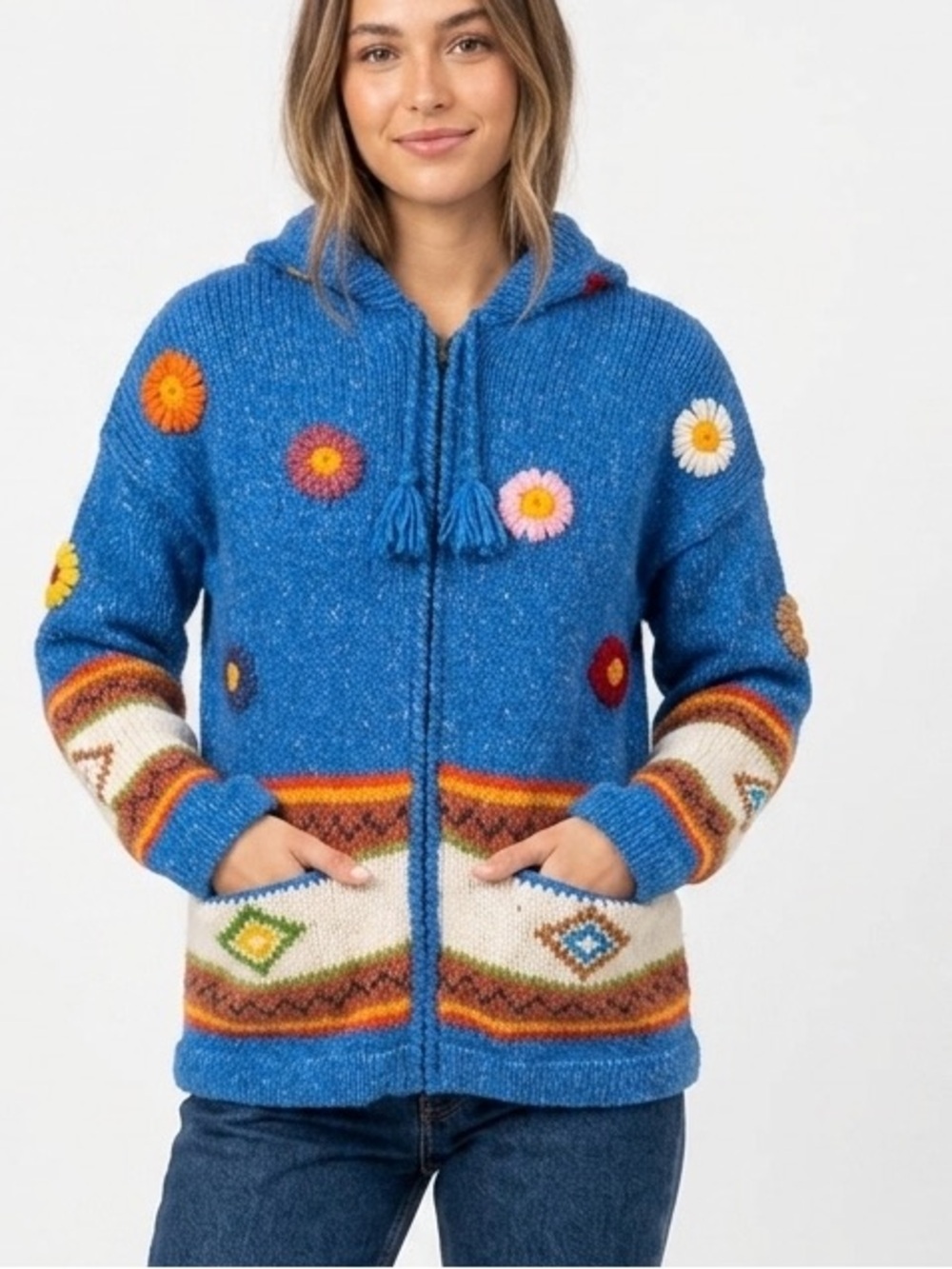 VTG Hand-Knit Floral Wool Zip-Up Hoodie - Boho Artisanal Blue